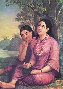 Raja Ravi Varma Shakuntala writes to Dushyanta. painting